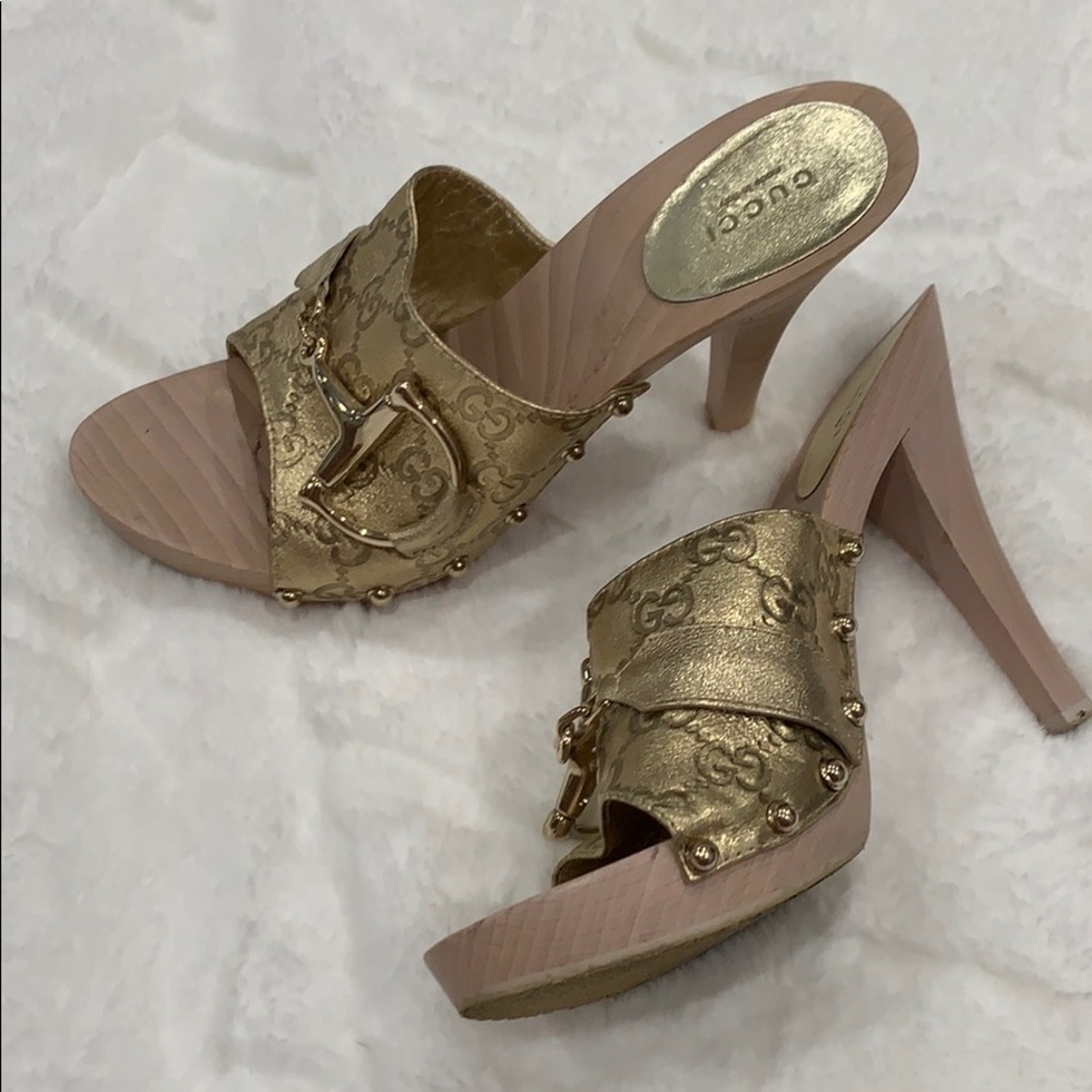 Gucci Wood and Gold Heels